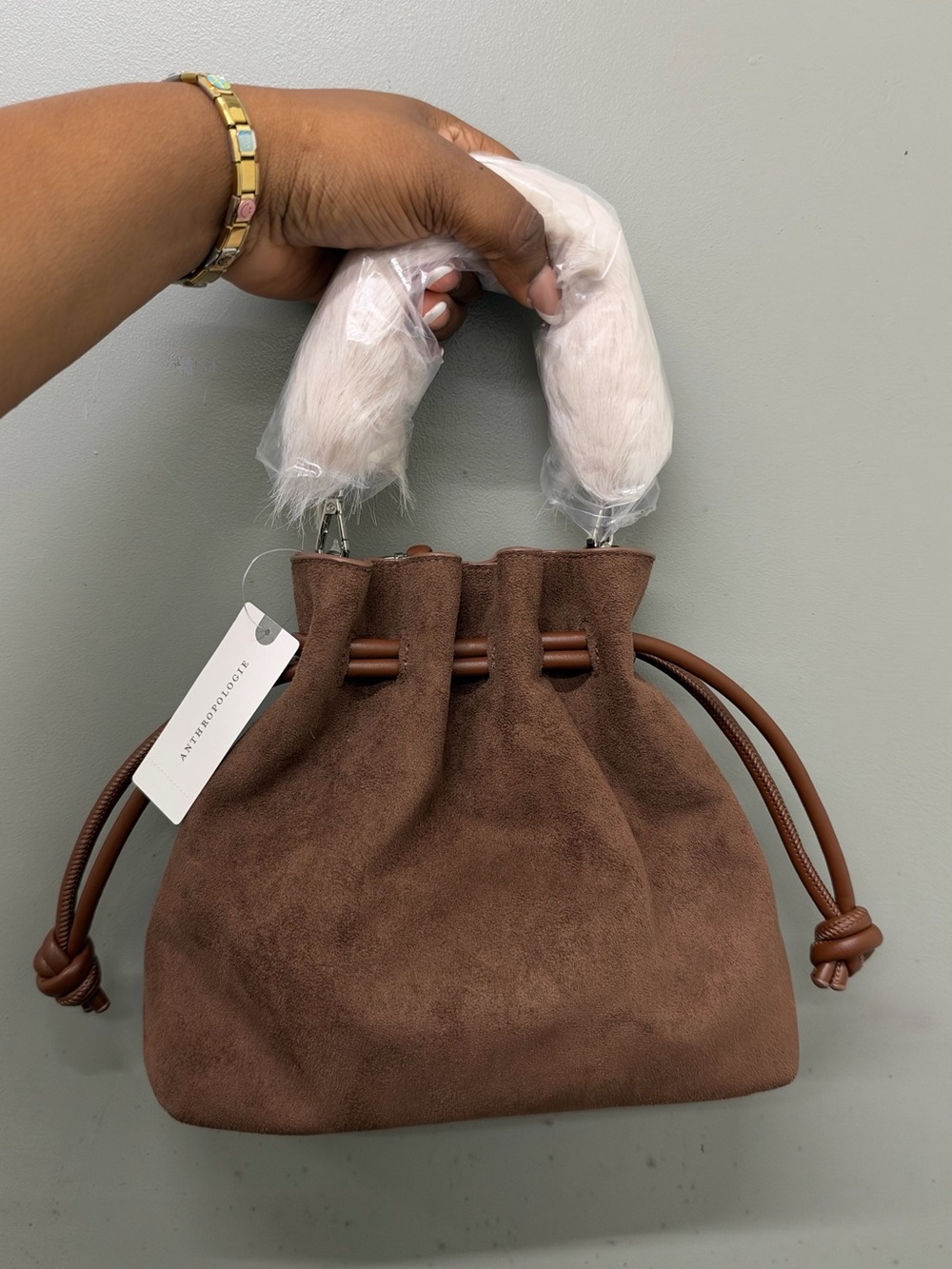 NWT Anthropologie Cinched Suede Faux Fur Bucket Bag in Chocolate Brown
